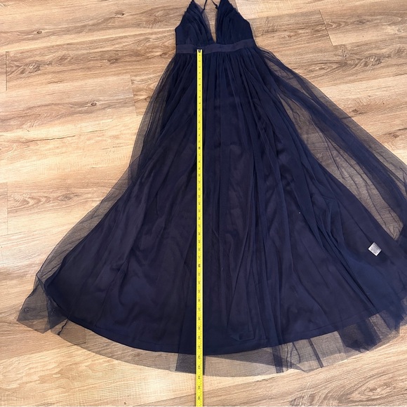 Navy Blue Tulle Maxi Dress Small Formal Gown V-Neck Crisscross Back Elegant Prom - Picture 1 of 7